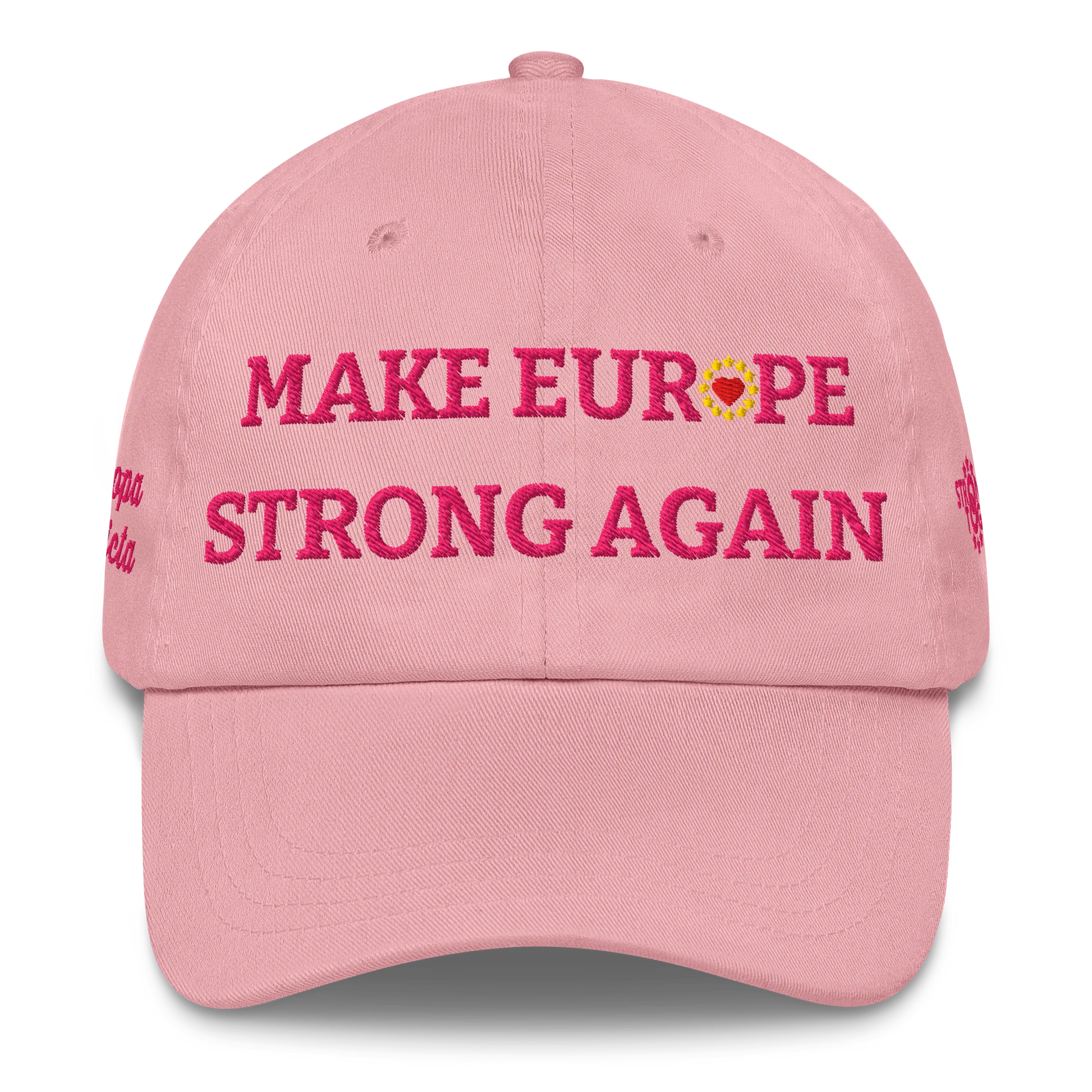 Monochrome Pink "Make Europe Strong Again" / MESA Cap with "Show the Love for Europe" emblem in full color Front View