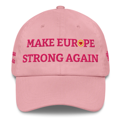 Monochrome Pink "Make Europe Strong Again" / MESA Cap with "Show the Love for Europe" emblem in full color Front View