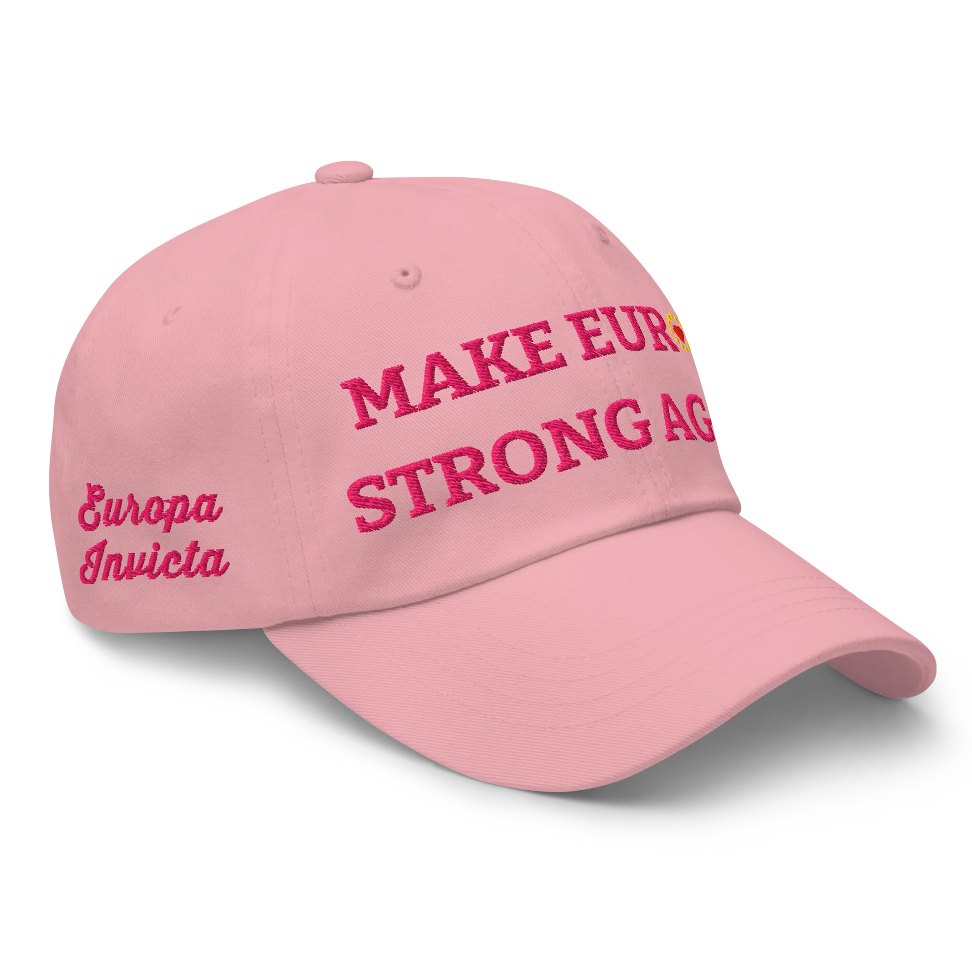 Monochrome Pink "Make Europe Strong Again" / MESA Cap with "Show the Love for Europe" emblem in full color Right Front View