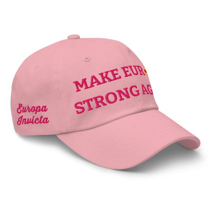 Monochrome Pink "Make Europe Strong Again" / MESA Cap with "Show the Love for Europe" emblem in full color Right Front View