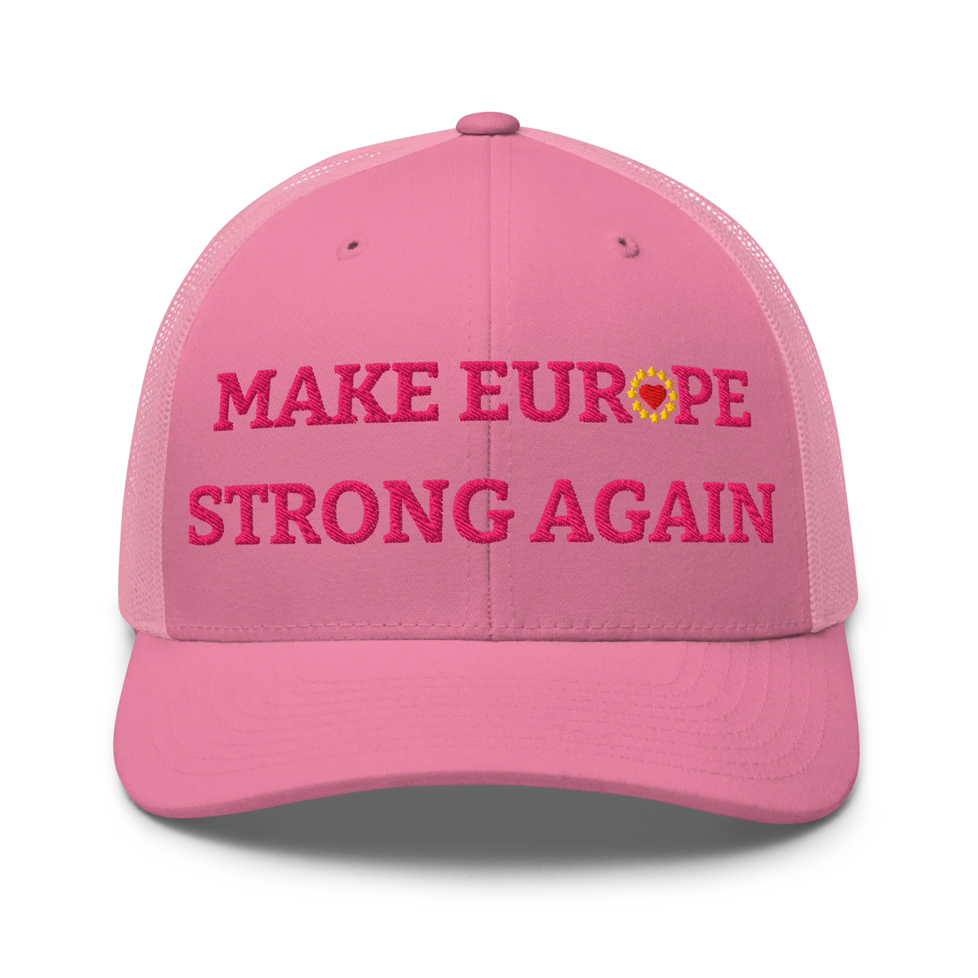 Monochrome Pink "Make Europe Strong Again" / MESA Trucker Cap with "Show the Love for Europe" emblem in full color Front View