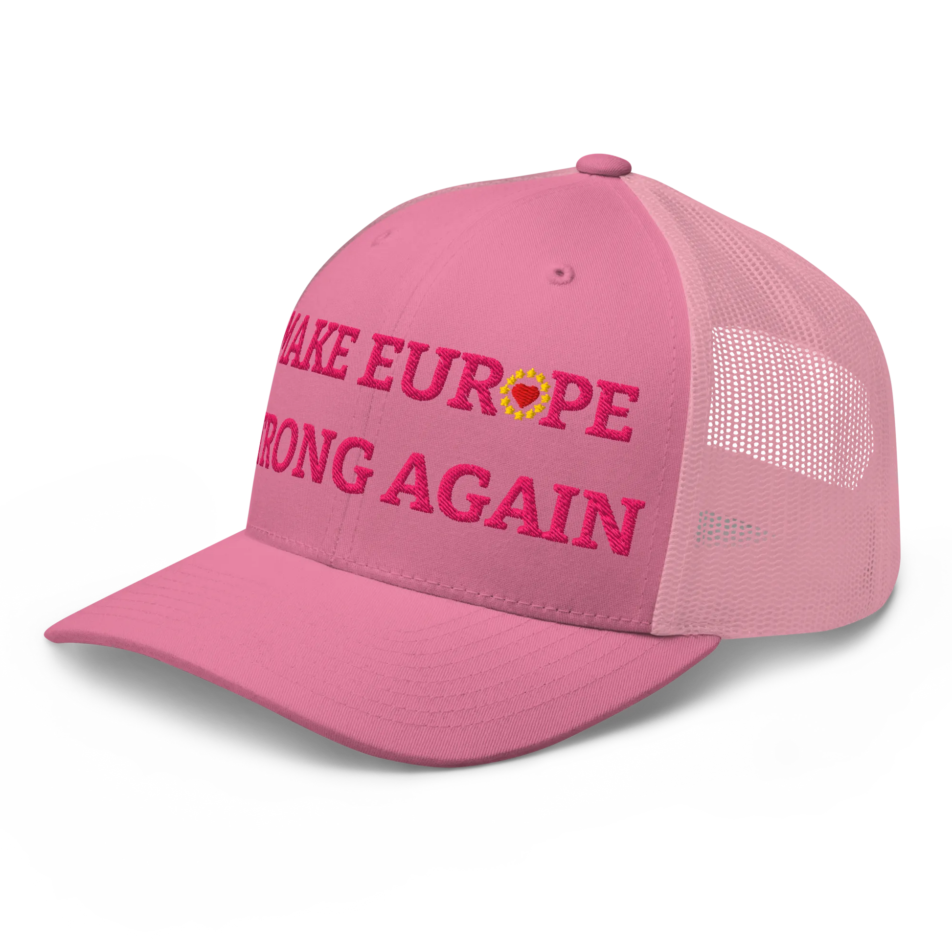 Monochrome Pink "Make Europe Strong Again" / MESA Trucker Cap with "Show the Love for Europe" emblem in full color Left Front View