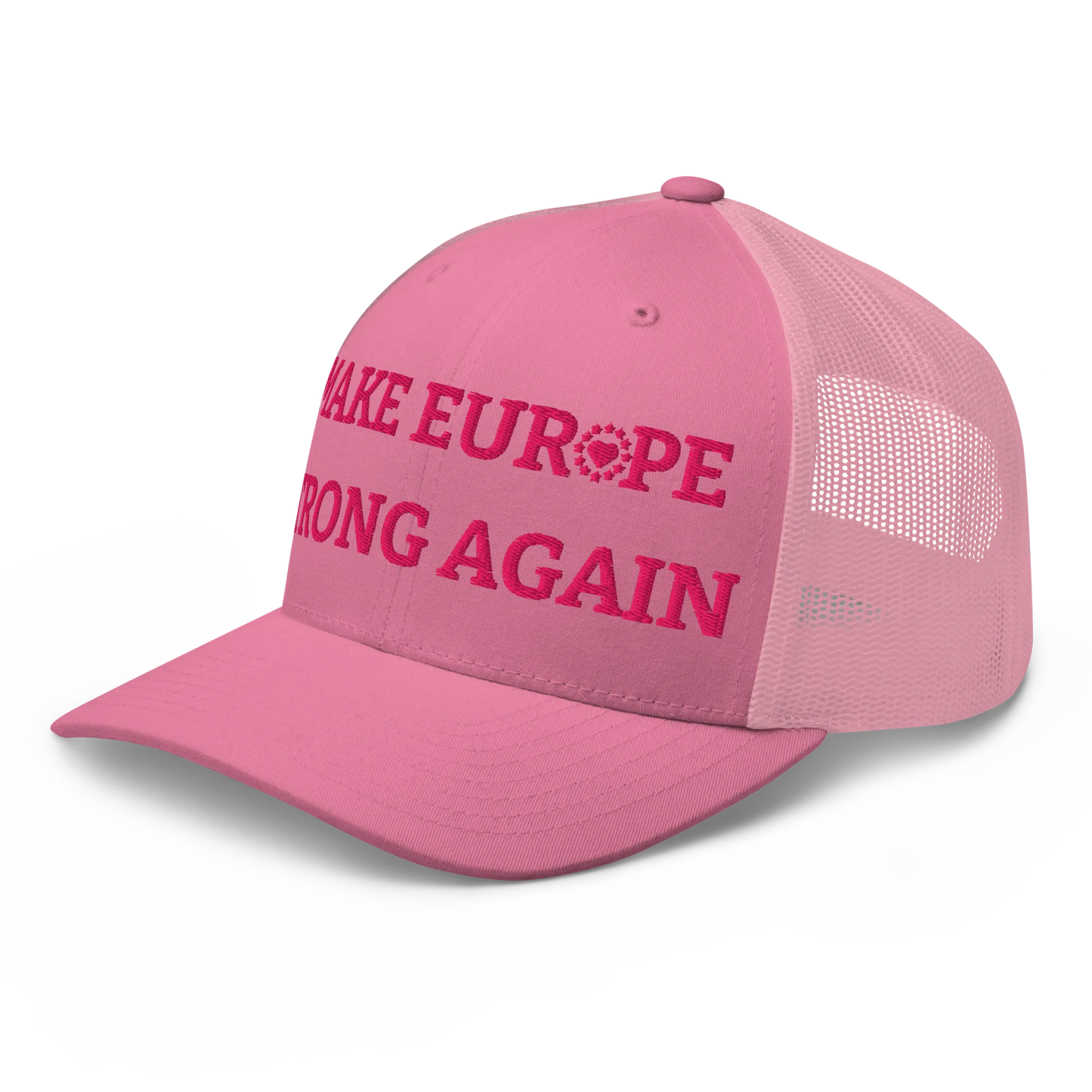 Monochrome Pink "Make Europe Strong Again" / MESA Trucker Cap with "Show the Love for Europe" emblem Left Front View