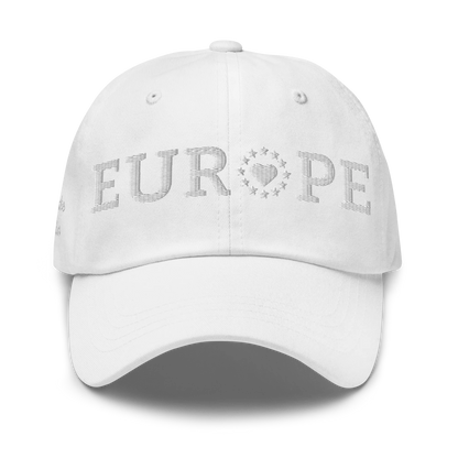 Monochrome White "EUROPE" Cap with "Show the Love for Europe" emblem Front View