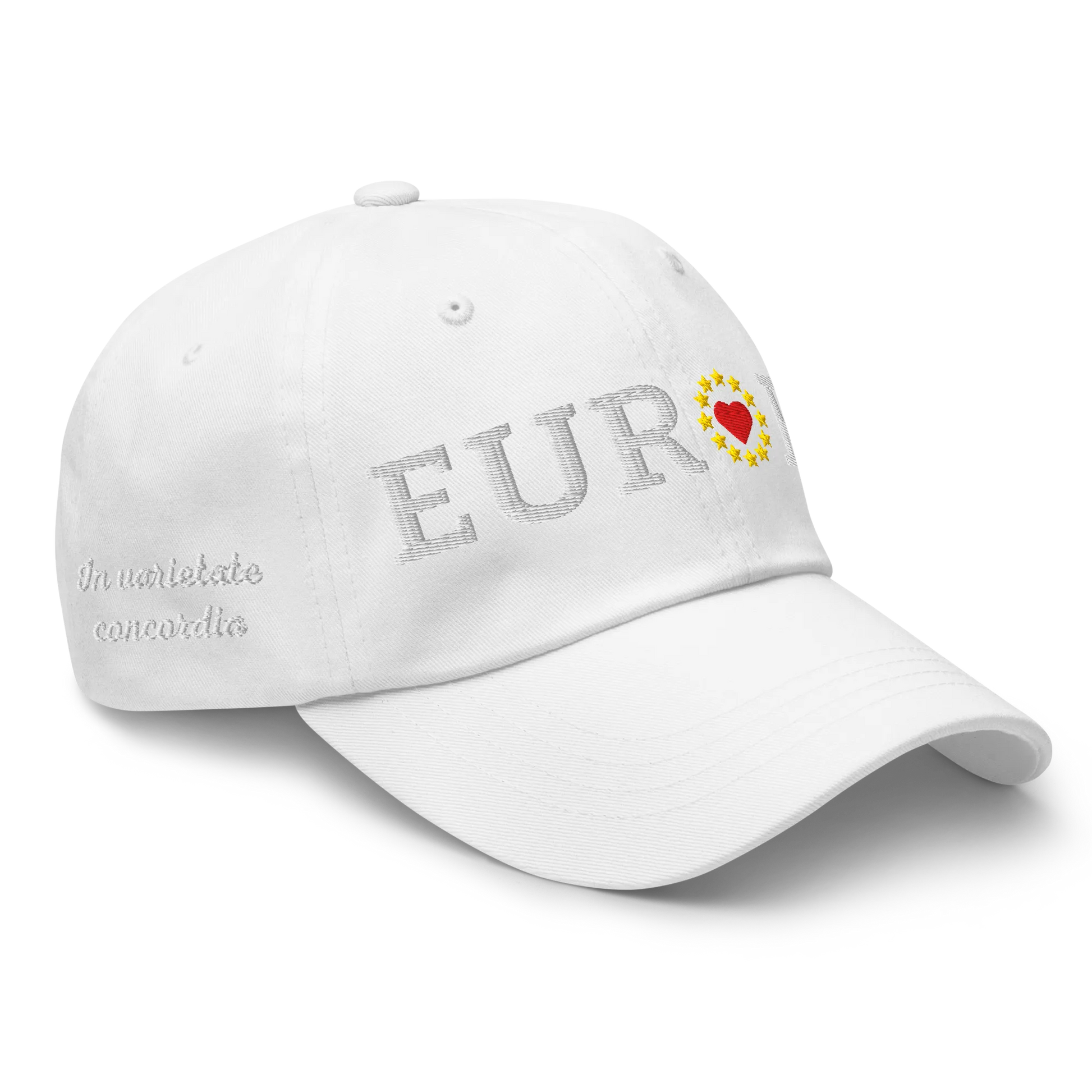 Monochrome White "EUROPE" Cap with "Show the Love for Europe" emblem in full color Right Front View