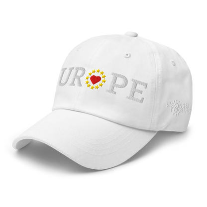 Monochrome White "EUROPE" Cap with "Show the Love for Europe" emblem in full color Left Front View