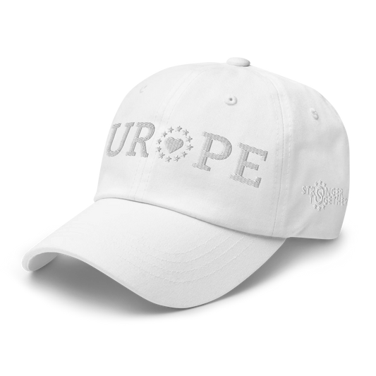 Monochrome White "EUROPE" Cap with "Show the Love for Europe" emblem Left Front View