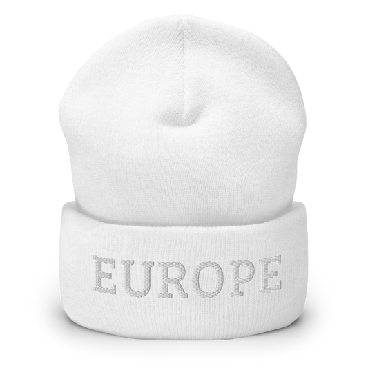 Monochrome White "EUROPE" Cuffed Beanie Front View