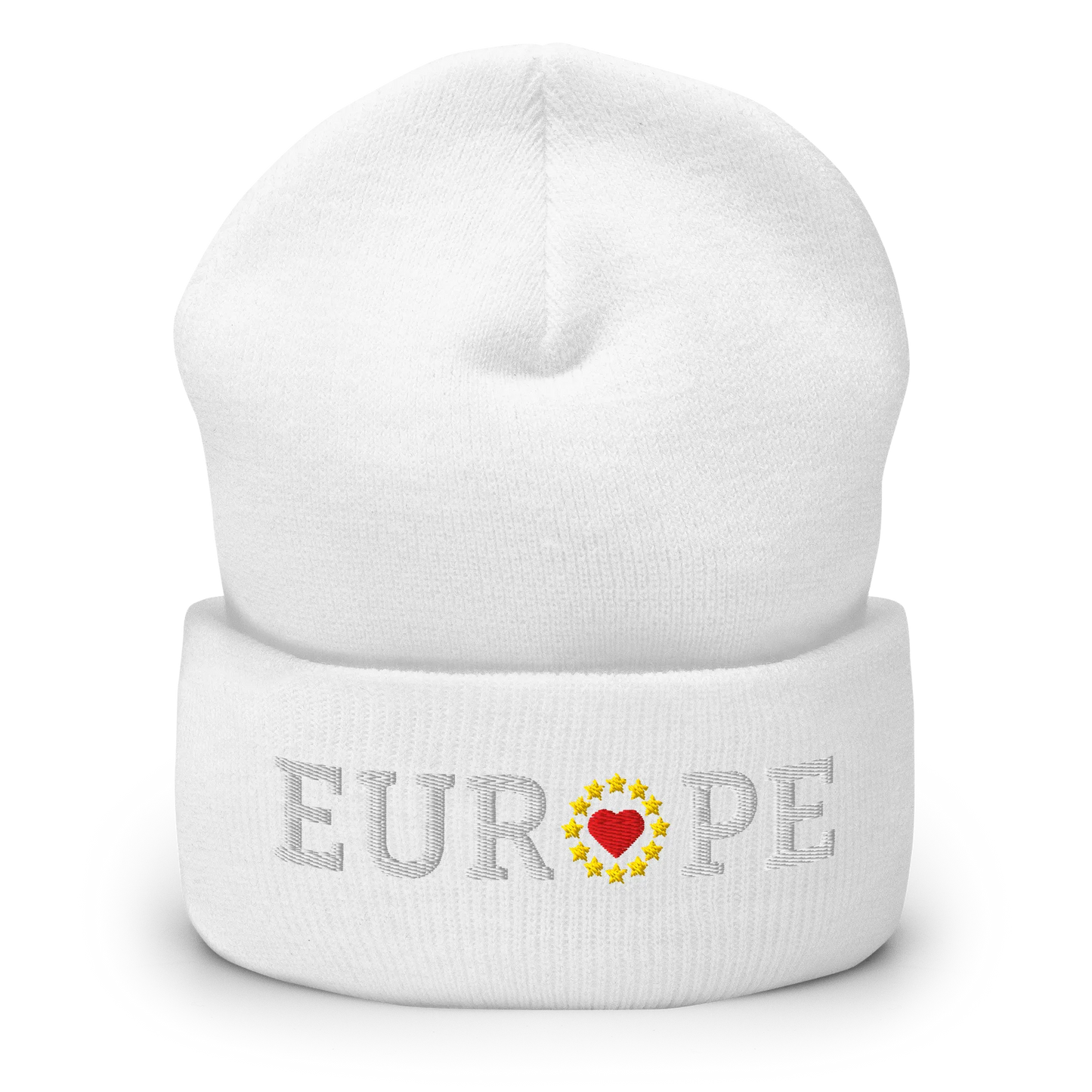 Monochrome White "EUROPE" Cuffed Beanie with "Show the Love for Europe" emblem in full color Front View
