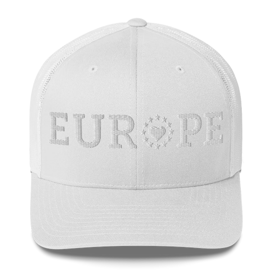 Monochrome White "EUROPE" Trucker Cap with "Show the Love for Europe" emblem Front View