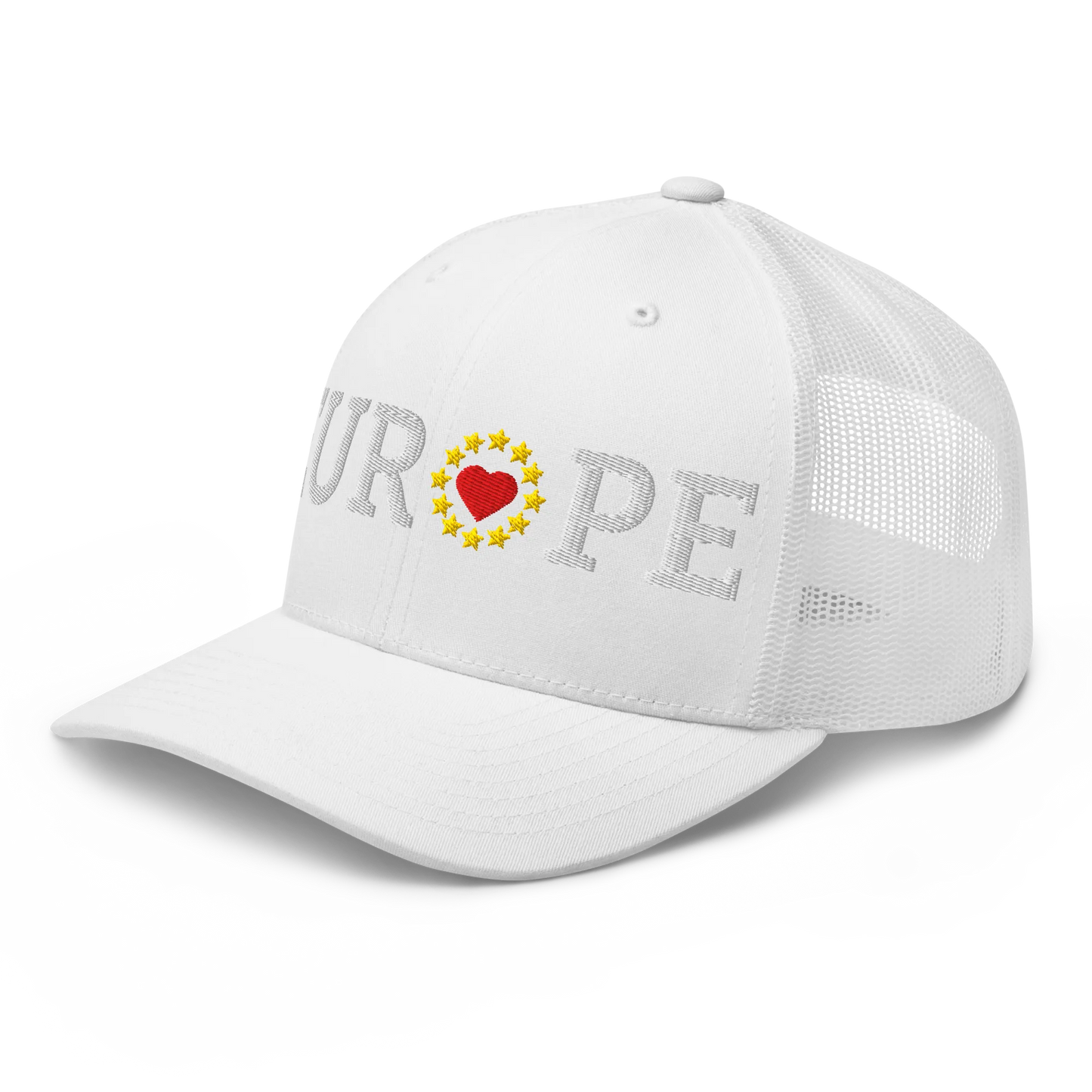 Monochrome White "EUROPE" Trucker Cap with "Show the Love for Europe" emblem in full color Left Front View