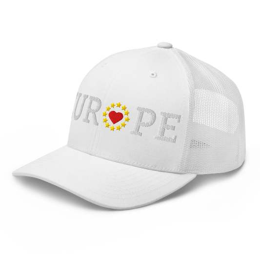 Monochrome White "EUROPE" Trucker Cap with "Show the Love for Europe" emblem in full color Left Front View