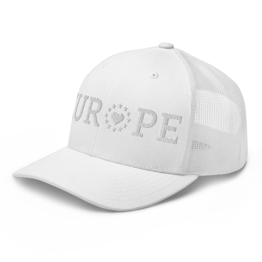 Monochrome White "EUROPE" Trucker Cap with "Show the Love for Europe" emblem Left Front View