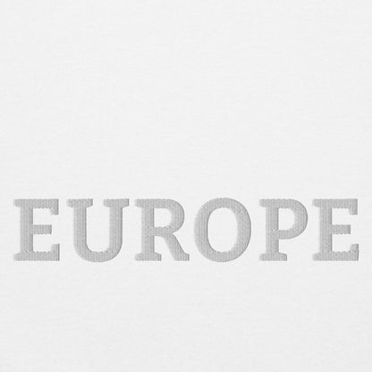 Monochrome White "EUROPE" Unisex Sweatshirt Design Close-Up View