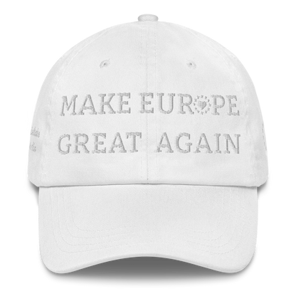 Monochrome White "Make Europe Great Again" / MEGA Cap with "Show the Love for Europe" emblem Front View