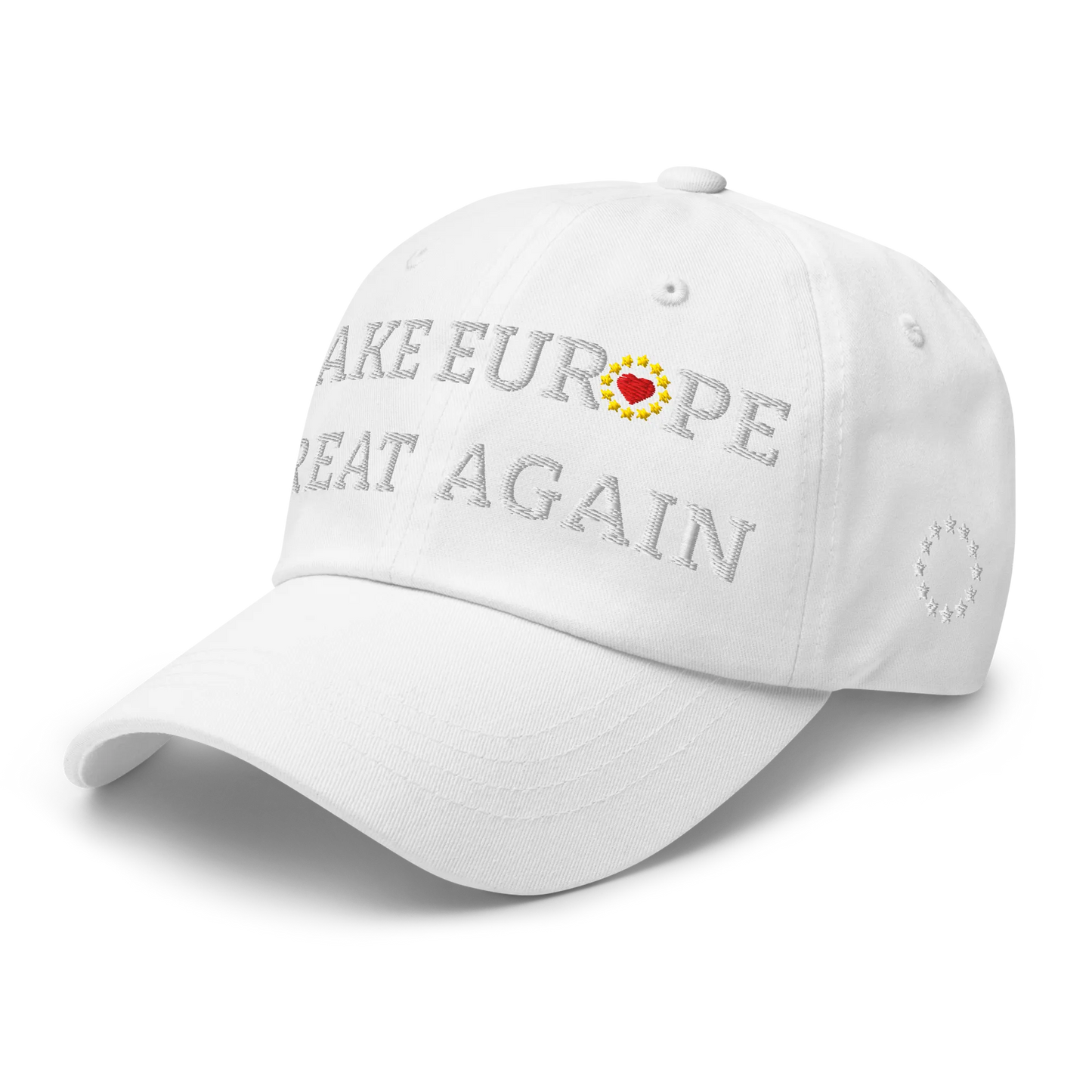 Monochrome White "Make Europe Great Again" / MEGA Cap with "Show the Love for Europe" emblem in full color Left Front View