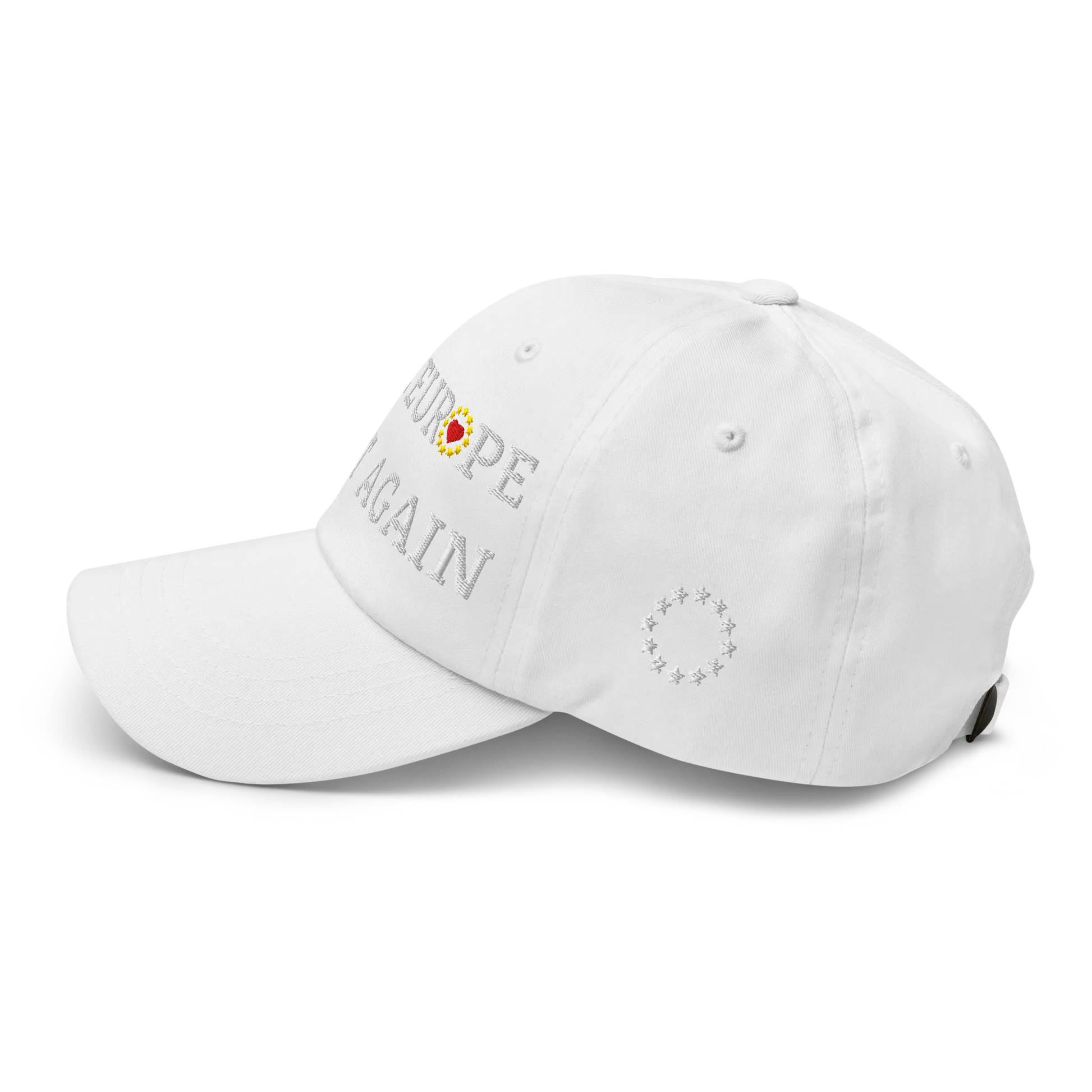Monochrome White "Make Europe Great Again" / MEGA Cap with "Show the Love for Europe" emblem in full color Left View