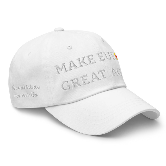 Monochrome White "Make Europe Great Again" / MEGA Cap with "Show the Love for Europe" emblem in full color Right Front View