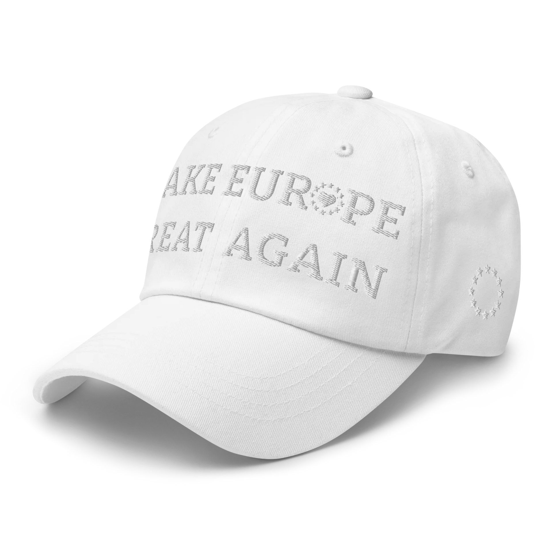 Monochrome White "Make Europe Great Again" / MEGA Cap with "Show the Love for Europe" emblem Left Front View