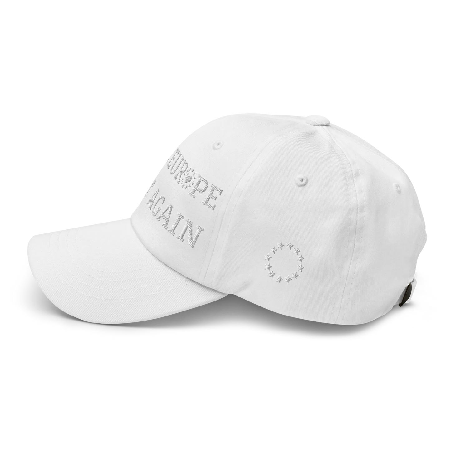 Monochrome White "Make Europe Great Again" / MEGA Cap with "Show the Love for Europe" emblem Left View