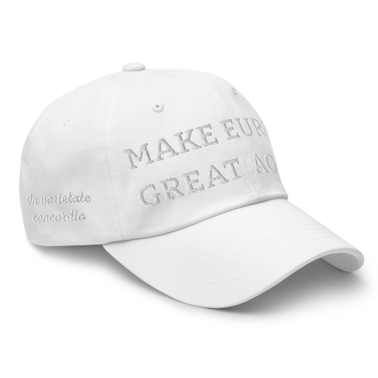 Monochrome White "Make Europe Great Again" / MEGA Cap with "Show the Love for Europe" emblem Right Front View