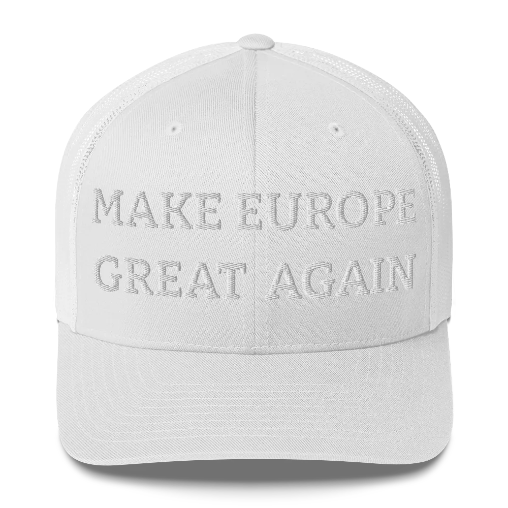 Monochrome White "Make Europe Great Again" / MEGA Trucker Cap Front View