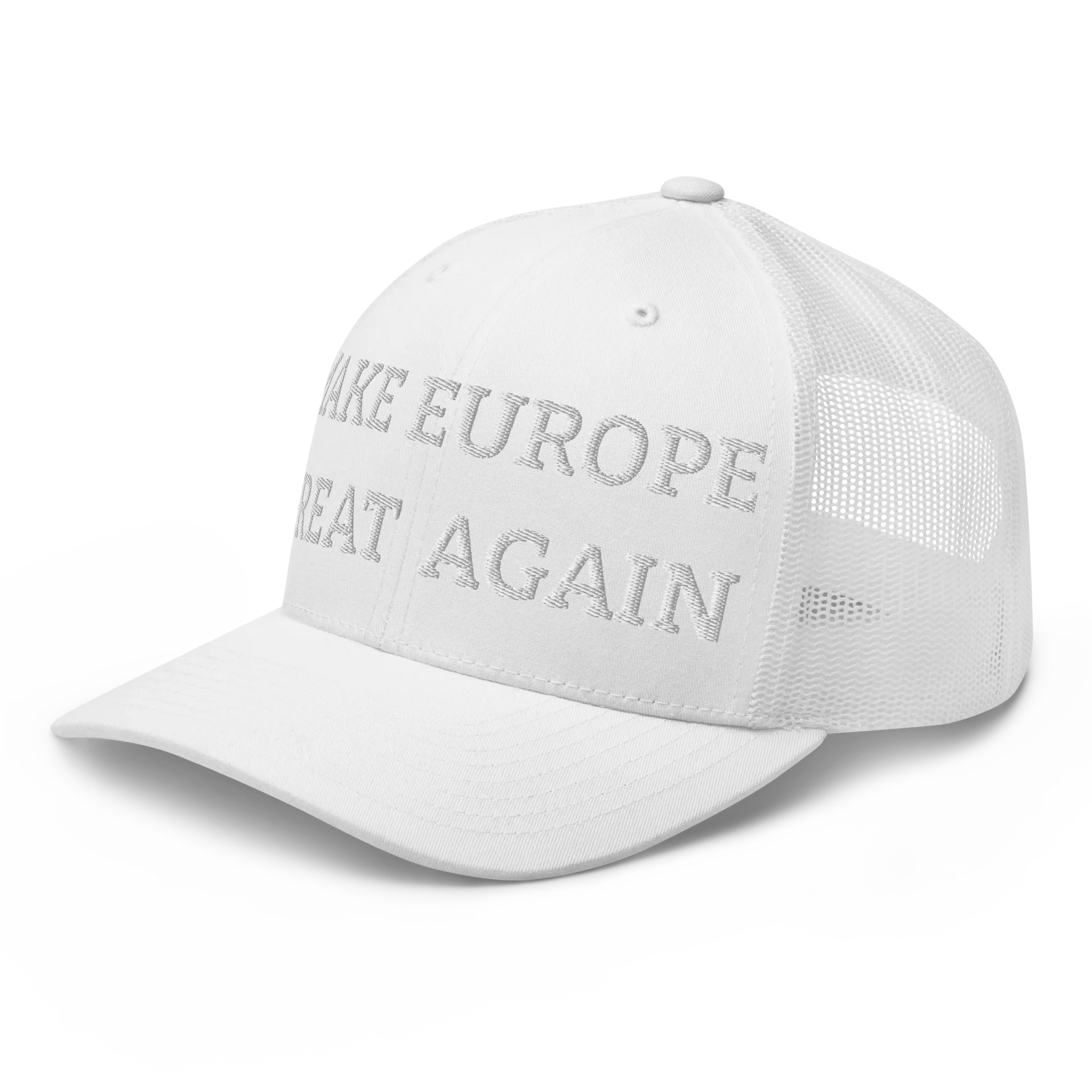 Monochrome White "Make Europe Great Again" / MEGA Trucker Cap Left Front View