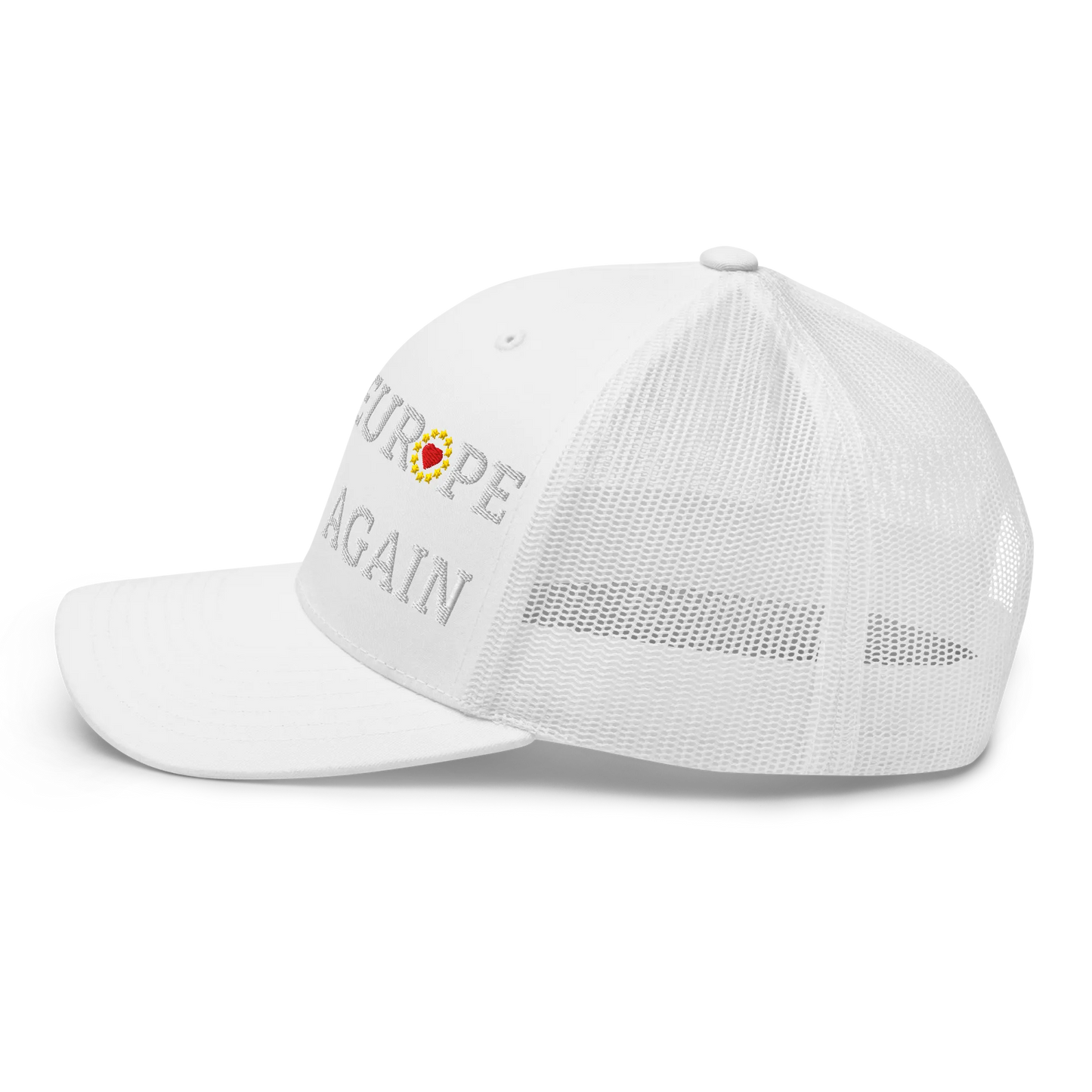 Monochrome White "Make Europe Great Again" / MEGA Trucker Cap with "Show the Love for EU" emblem in full color Left View