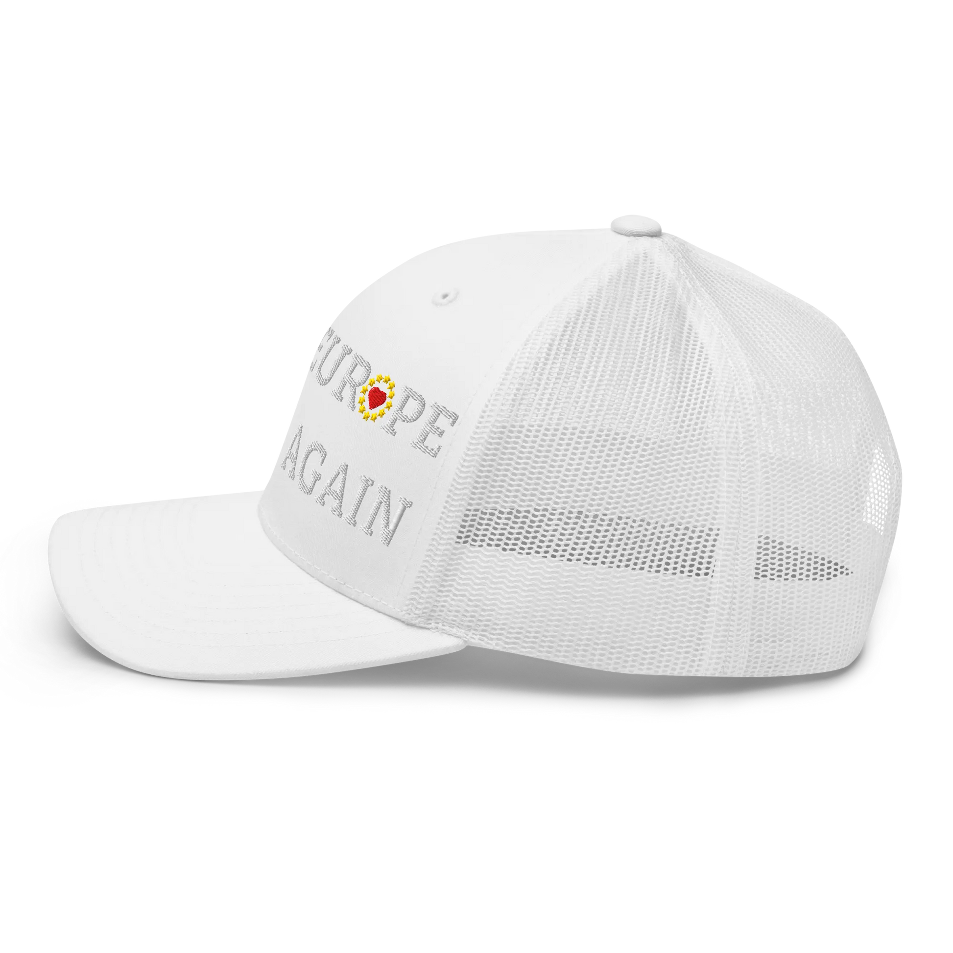 Monochrome White "Make Europe Great Again" / MEGA Trucker Cap with "Show the Love for EU" emblem in full color Left View