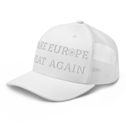 Monochrome White "Make Europe Great Again" / MEGA Trucker Cap with "Show the Love for EU" emblem Left Front View