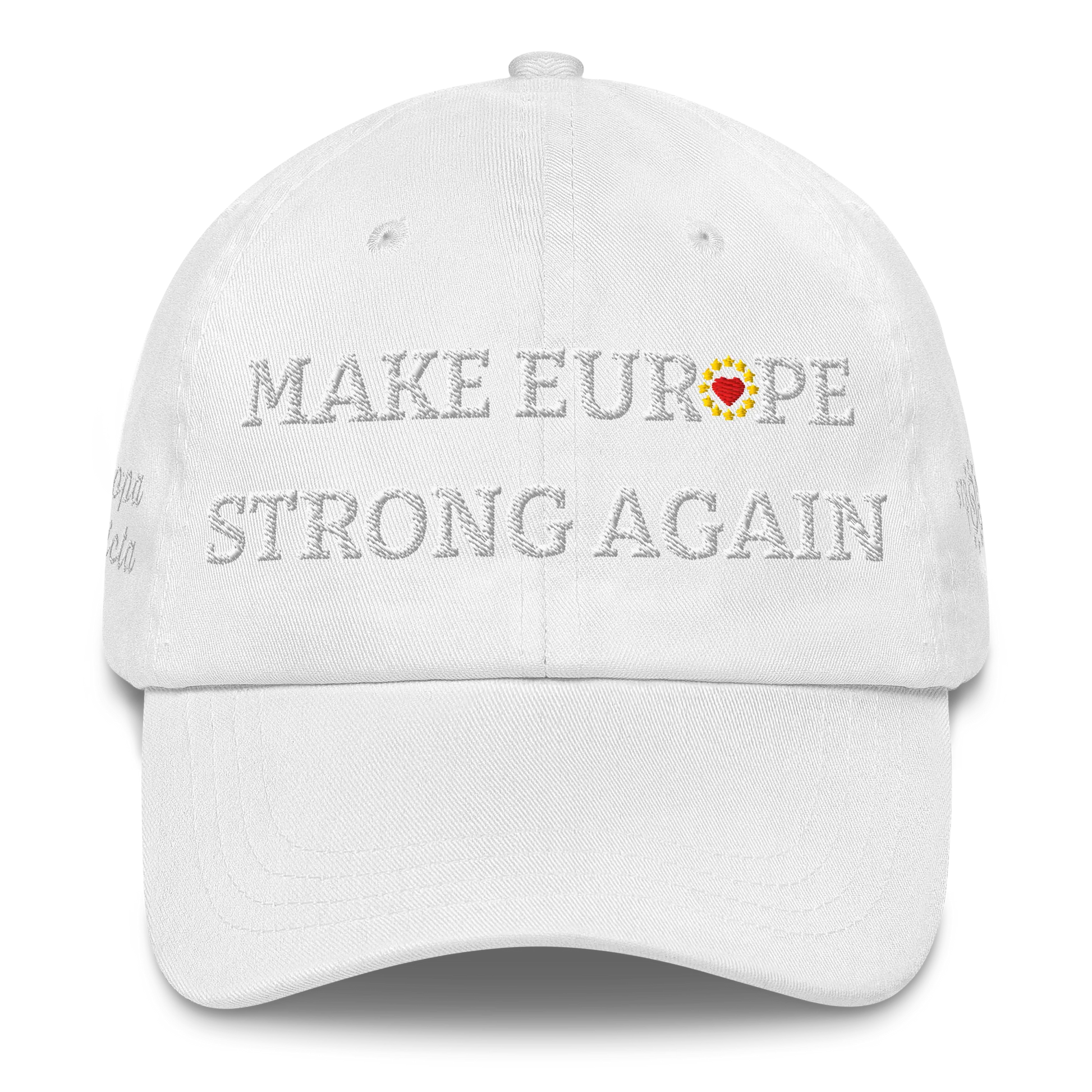 Monochrome White "Make Europe Strong Again" / MESA Cap with "Show the Love for Europe" emblem in full color Front View