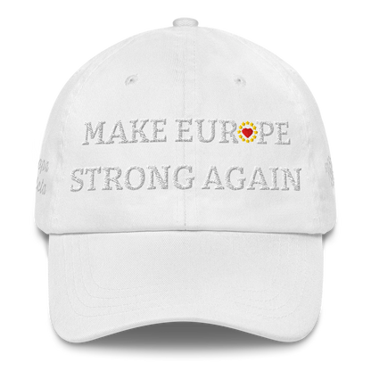 Monochrome White "Make Europe Strong Again" / MESA Cap with "Show the Love for Europe" emblem in full color Front View