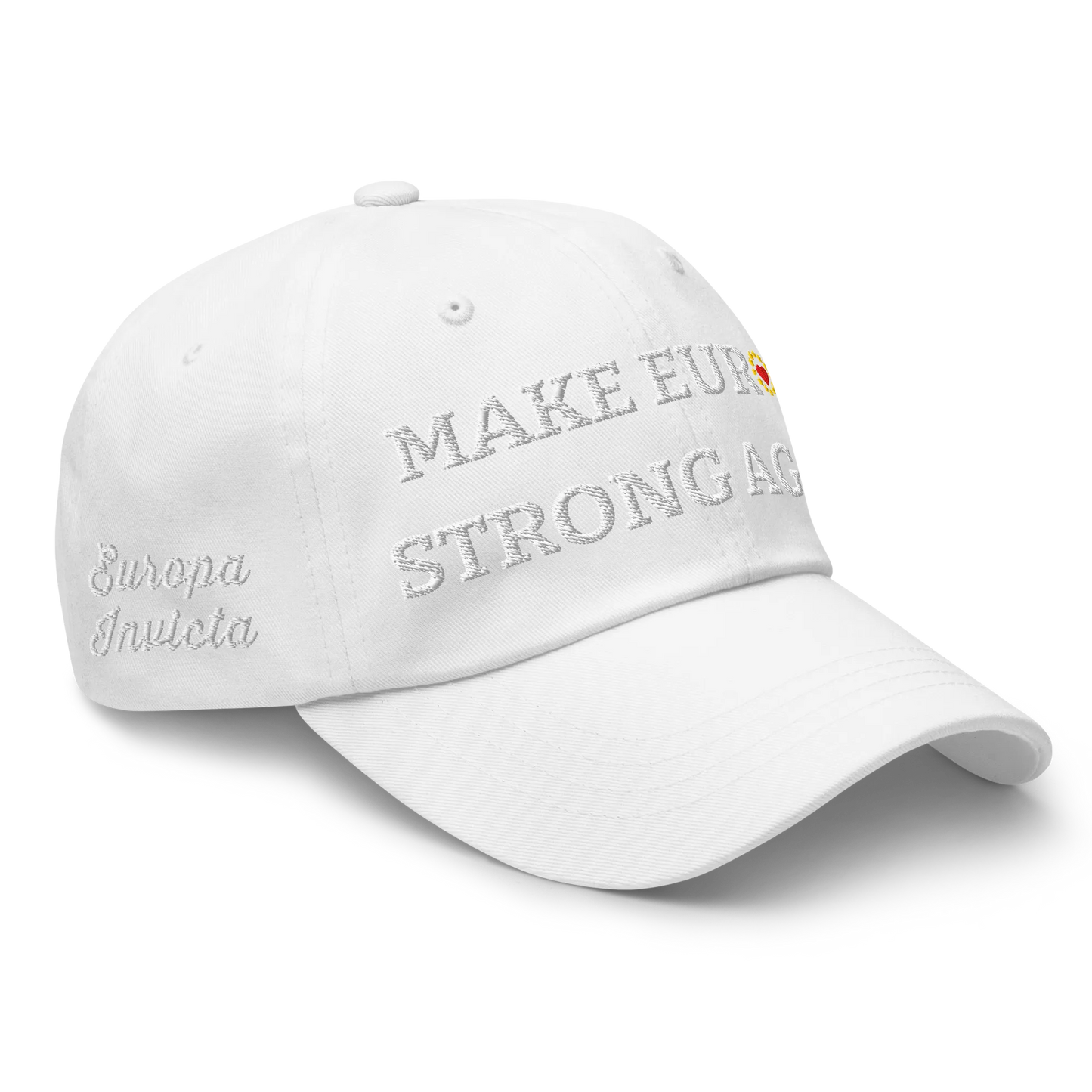 Monochrome White "Make Europe Strong Again" / MESA Cap with "Show the Love for Europe" emblem in full color Right Front View