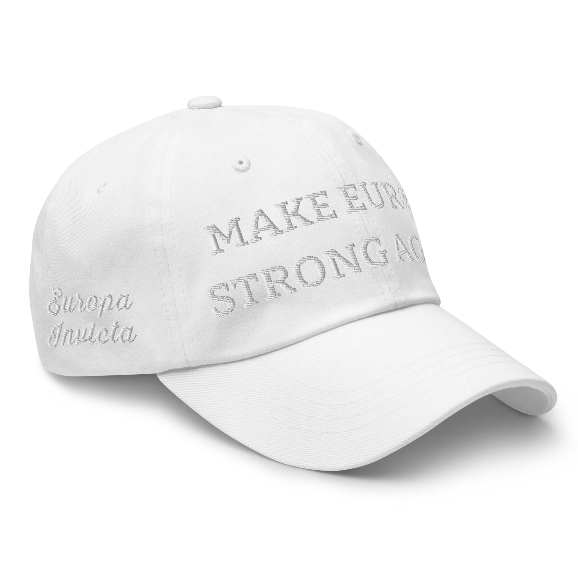 Monochrome White "Make Europe Strong Again" / MESA Cap with "Show the Love for Europe" emblem Right Front View
