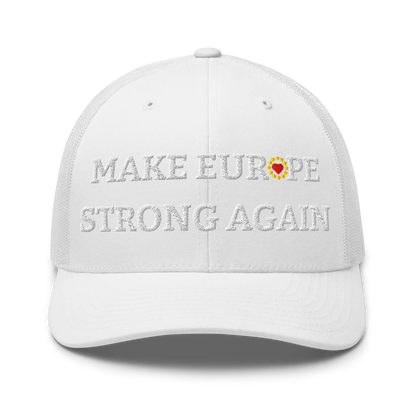 Monochrome White "Make Europe Strong Again" / MESA Trucker Cap with "Show the Love for Europe" emblem in full color Front View