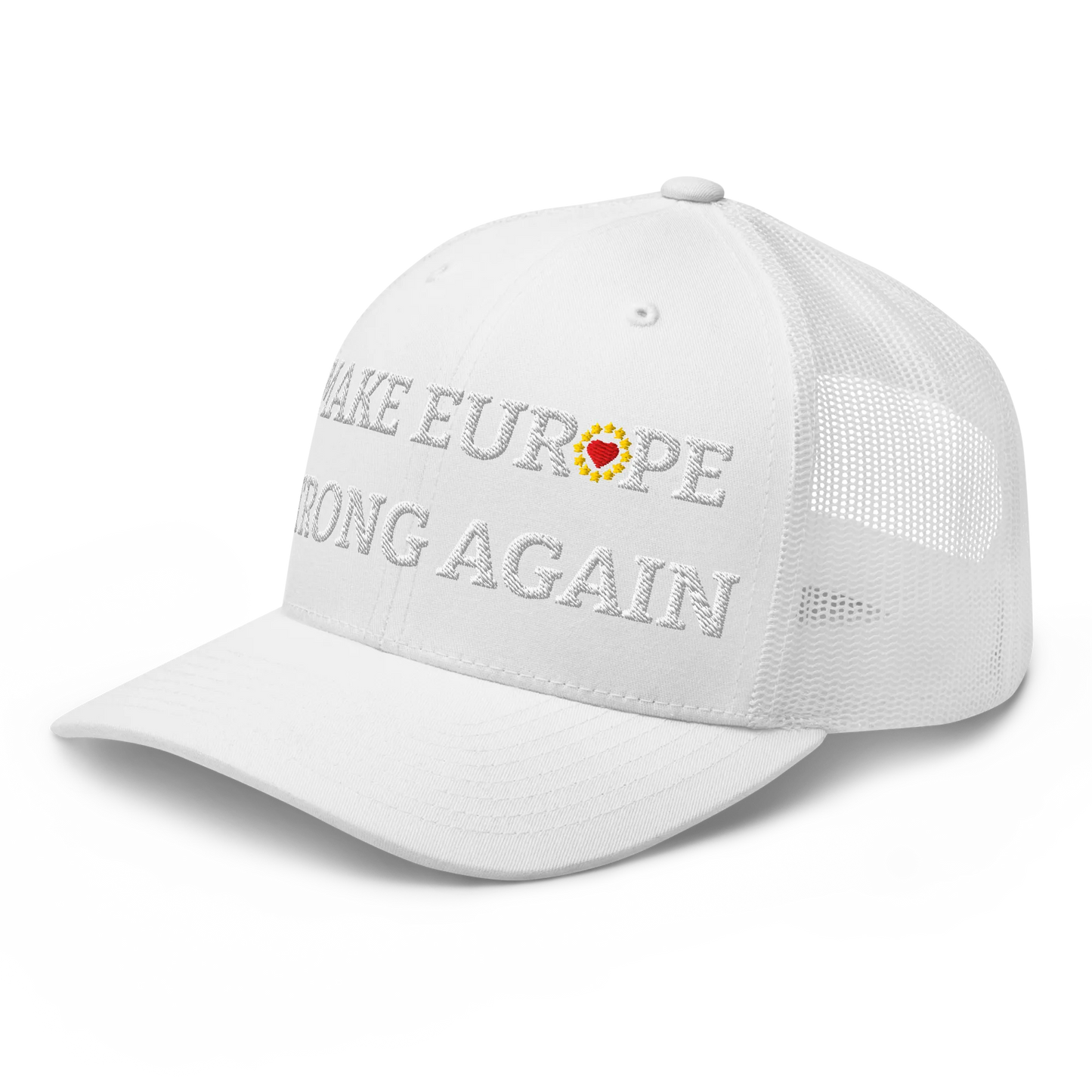 Monochrome White "Make Europe Strong Again" / MESA Trucker Cap with "Show the Love for Europe" emblem in full color Left Front View