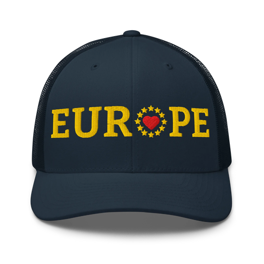 Navy Blue "EUROPE" Trucker Cap with "Show the Love for Europe" emblem Front View