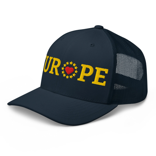 Navy Blue "EUROPE" Trucker Cap with "Show the Love for Europe" emblem Left Front View