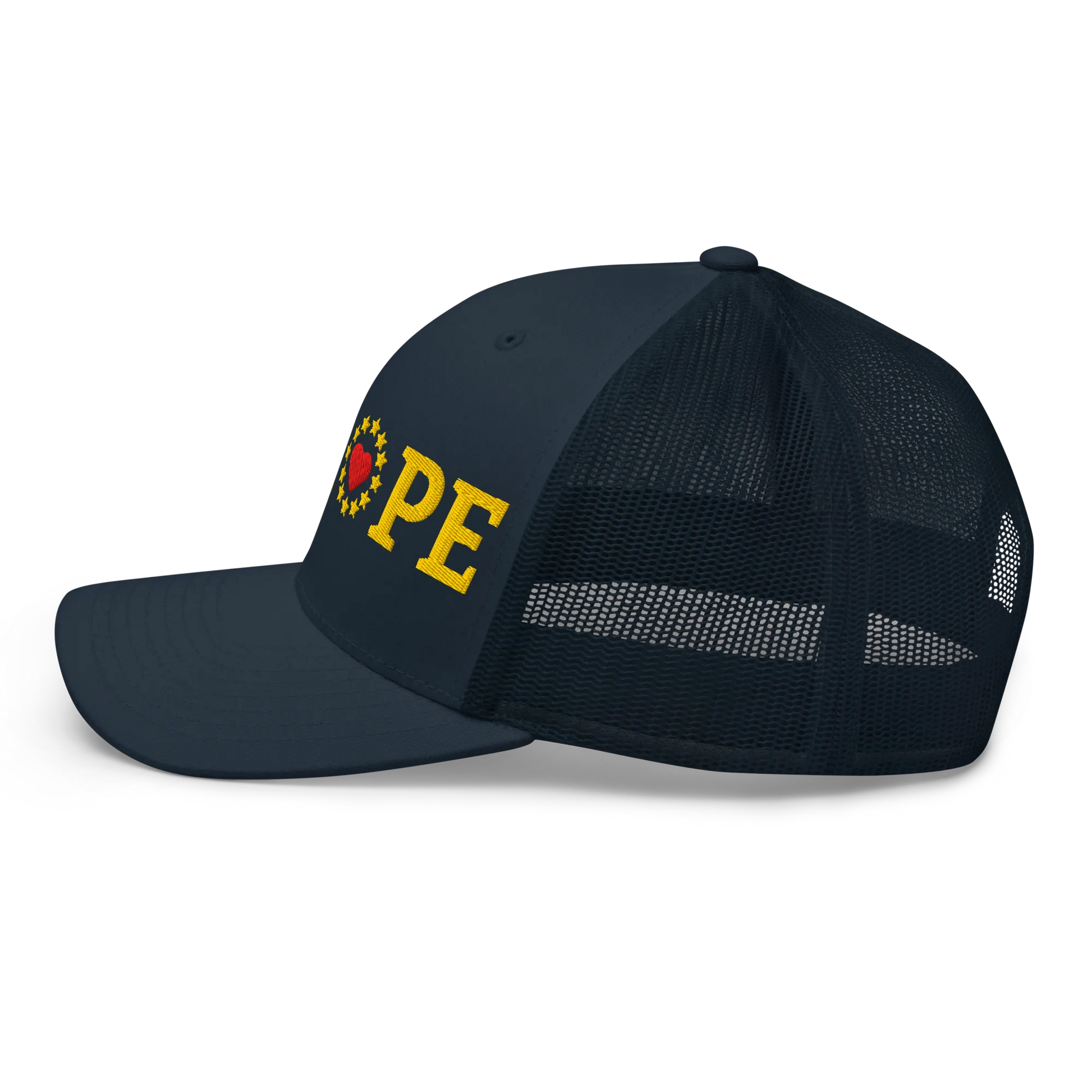 Navy Blue "EUROPE" Trucker Cap with "Show the Love for Europe" emblem Left View