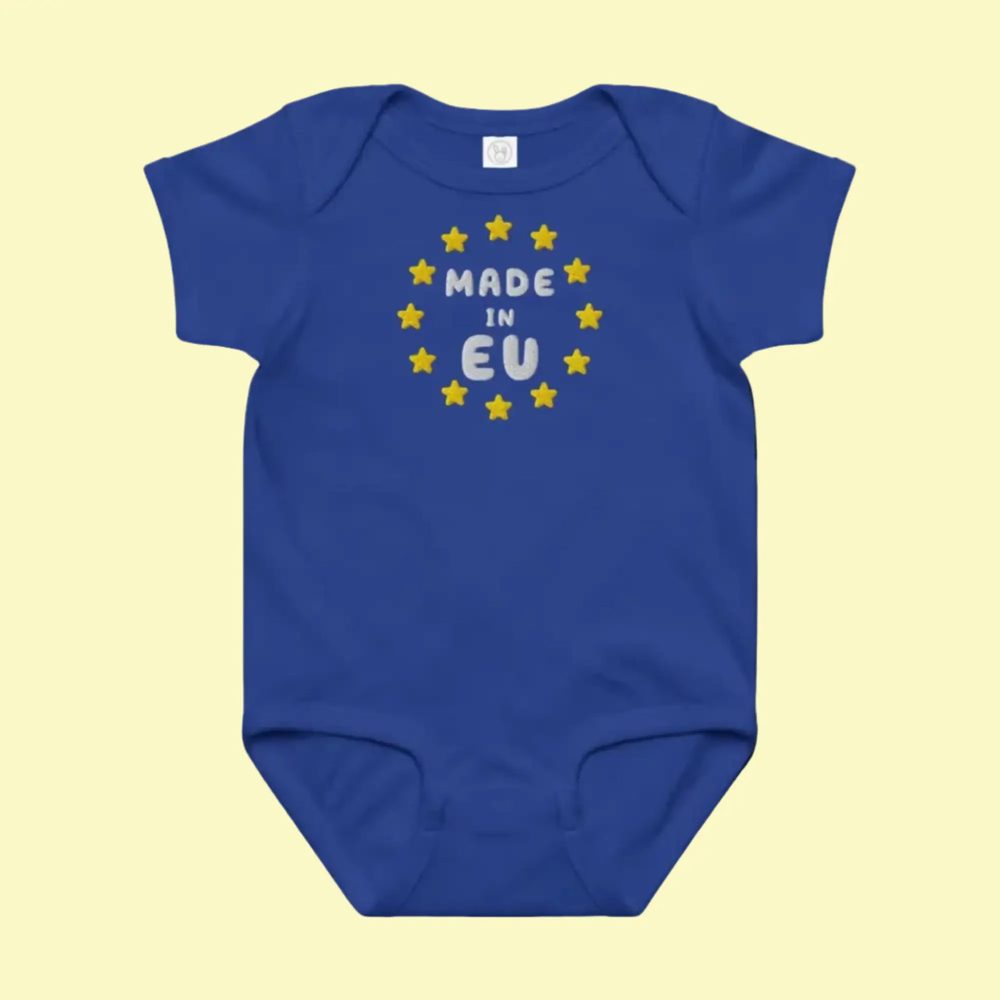 Navy Blue "Made in EU" Embroidered Baby Bodysuit Front View