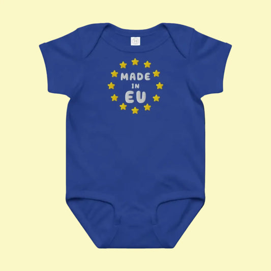 Navy Blue "Made in EU" Embroidered Baby Bodysuit Front View
