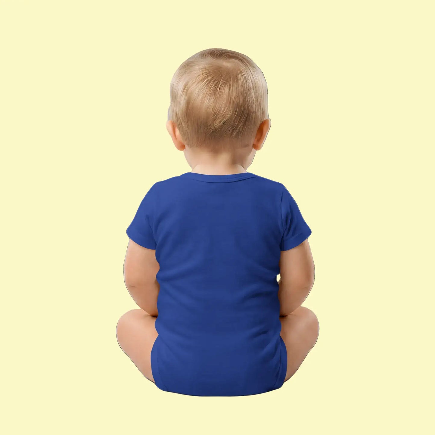Navy Blue "Made in EU" Embroidered Baby Bodysuit on a Toddler Back View
