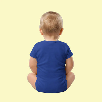 Navy Blue "Made in EU" Embroidered Baby Bodysuit on a Toddler Back View