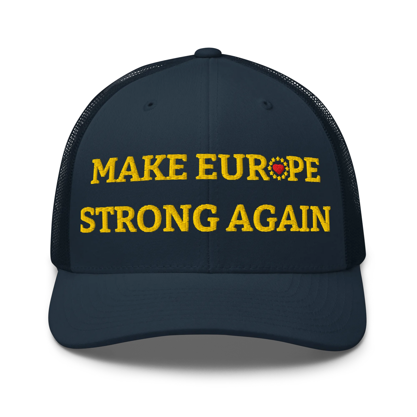Navy Blue "Make Europe Strong Again" / MESA Trucker Cap with "Show the Love for Europe" emblem Front View