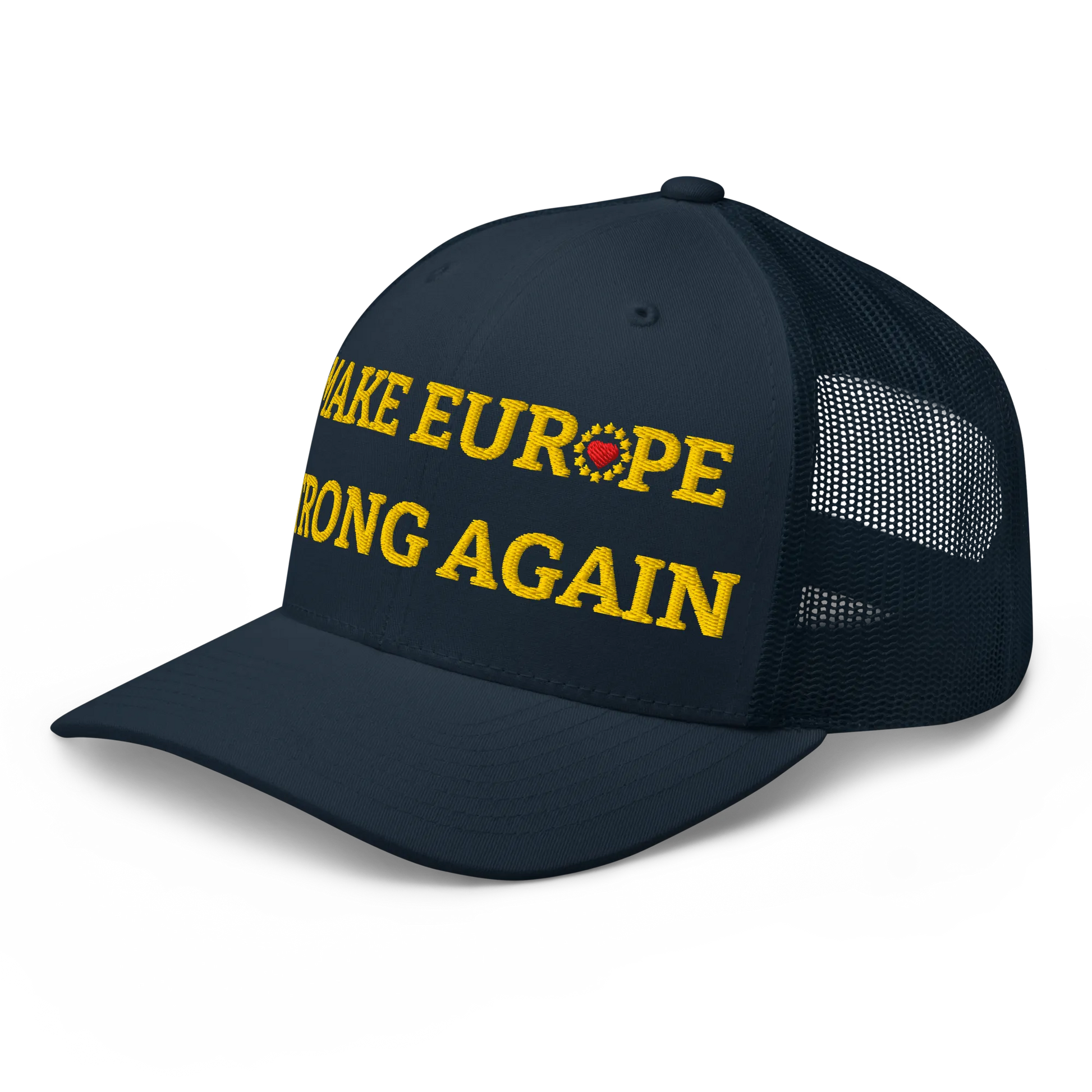 Navy Blue "Make Europe Strong Again" / MESA Trucker Cap with "Show the Love for Europe" emblem Left Front View