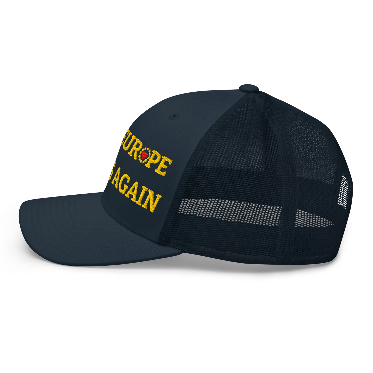 Navy Blue "Make Europe Strong Again" / MESA Trucker Cap with "Show the Love for Europe" emblem Left View