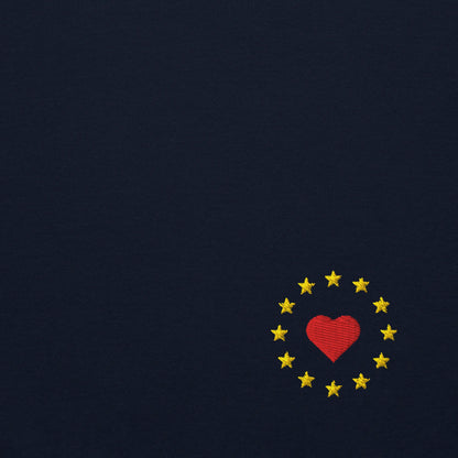 Navy Blue "Show the Love for Europe" Unisex Sweatshirt Design Close-Up View