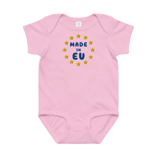 Pink "Made in EU" Embroidered Baby Bodysuit Front View