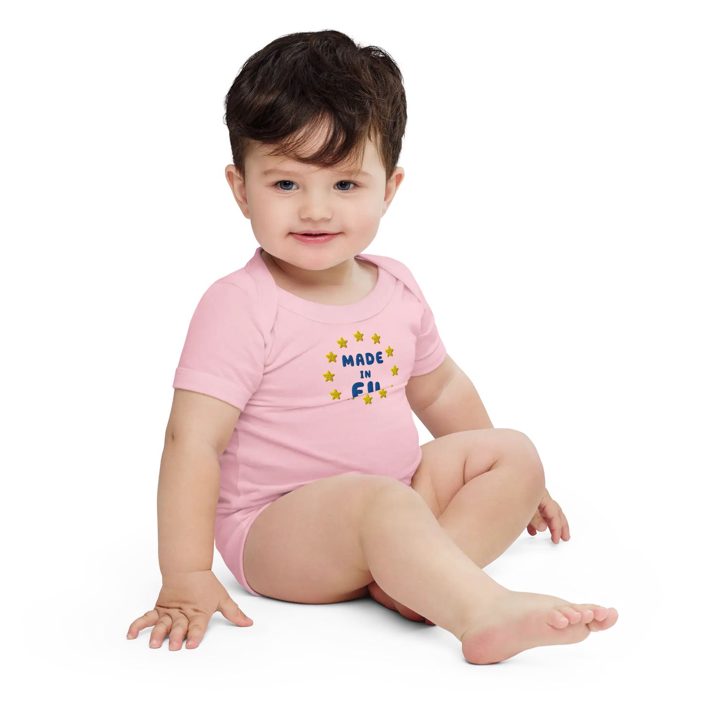 Pink "Made in EU" Embroidered Baby Bodysuit on a Toddler Front View
