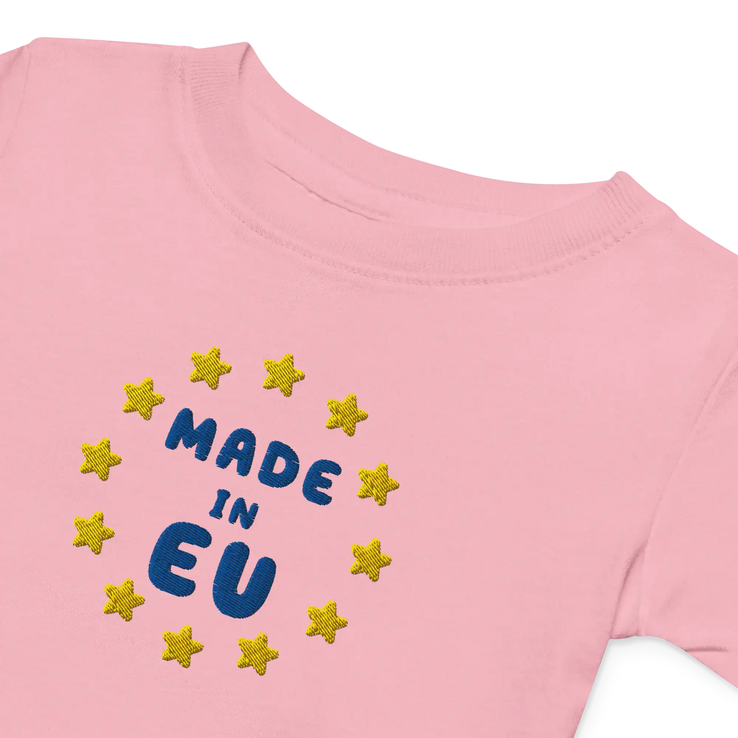 Pink "Made in EU" Embroidered Baby T-shirt Front View close-up